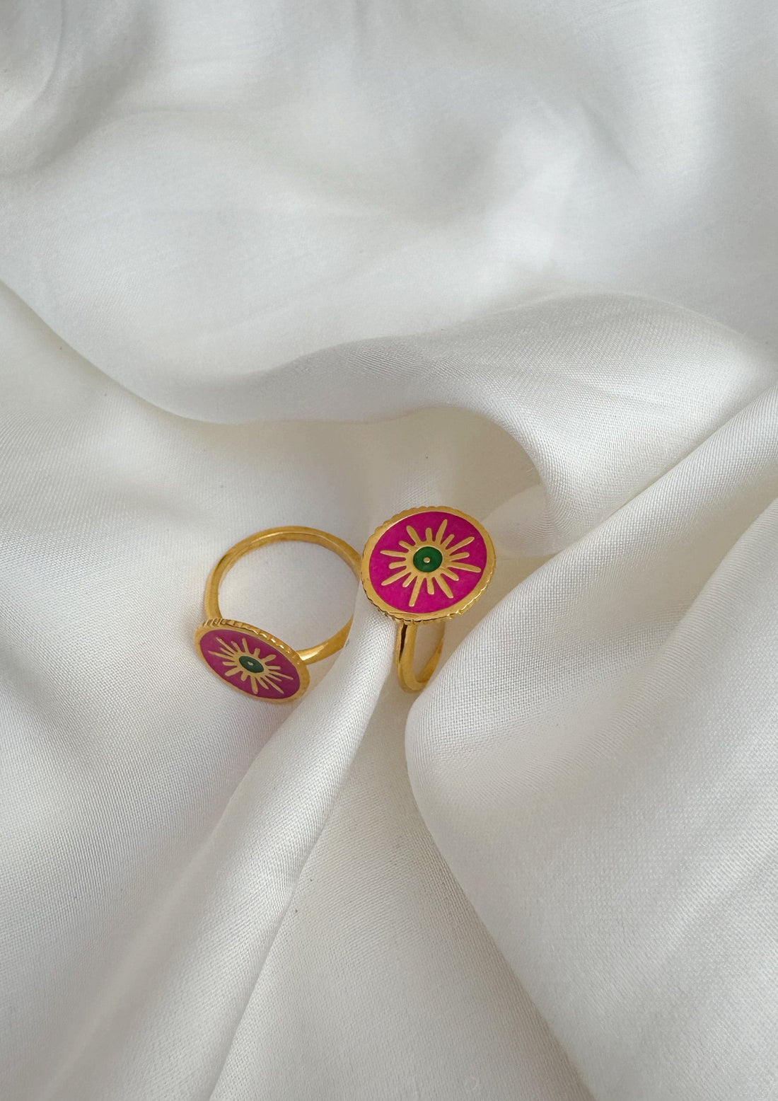 Sun meenakari ring from The Raw India, intricate gold and colorful enamel jewelry with traditional meenakari design.