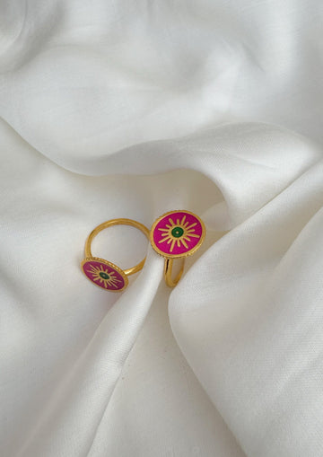 Sun meenakari ring from The Raw India, intricate gold and colorful enamel jewelry with traditional meenakari design.
