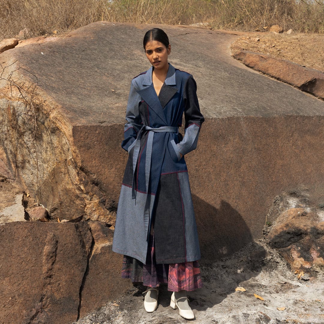 Doodlage Amelia denim trench outerwear jacket with classic collar and button front, styled with rolled-up sleeves.