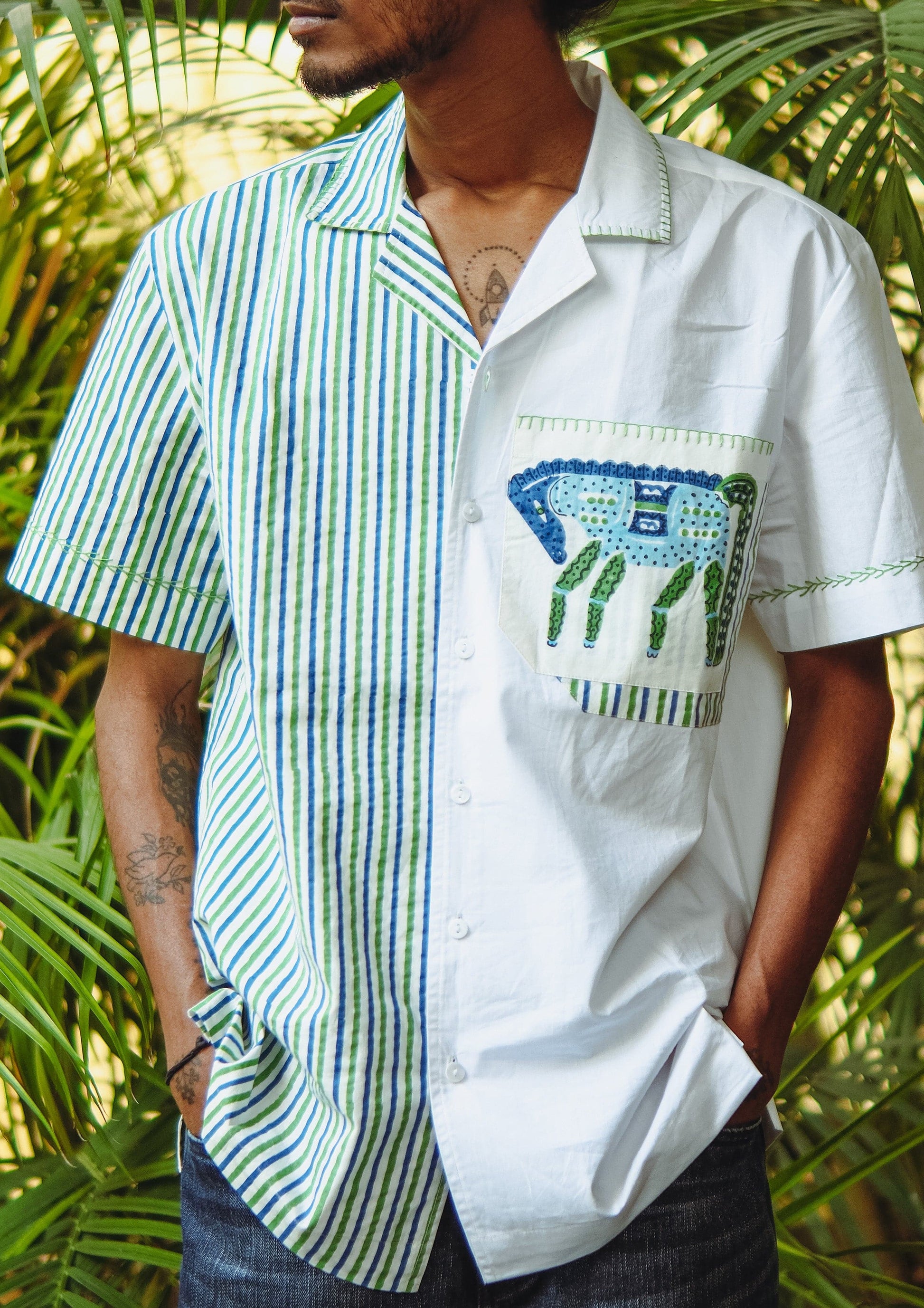 The Raw India Chetak shirt featuring a detailed jodhpur horse print on a traditional shirt fabric.