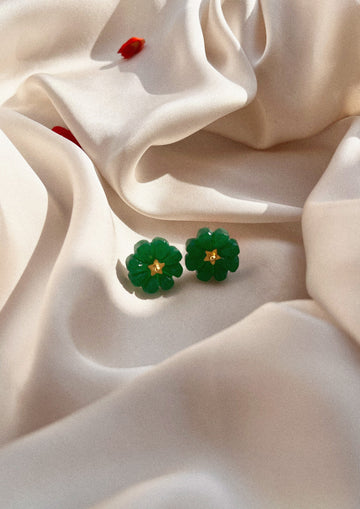 Green onyx flower studs jewelry featuring vibrant green gemstone floral design, crafted by The Raw India.