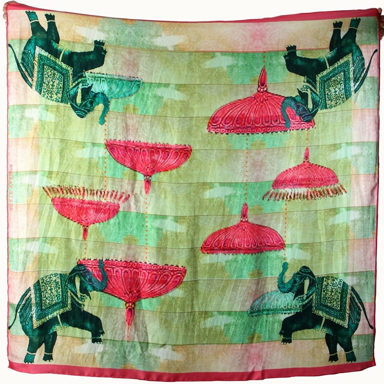 Colorful Bombaybirds Royal Elephants scarf featuring vibrant elephant illustrations on soft fabric, perfect for stylish accessories.