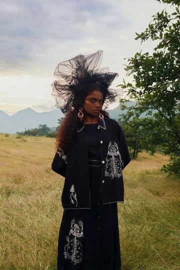 JODI Jugnu handloom jacket featuring traditional woven fabric with intricate patterns and a relaxed, stylish fit.