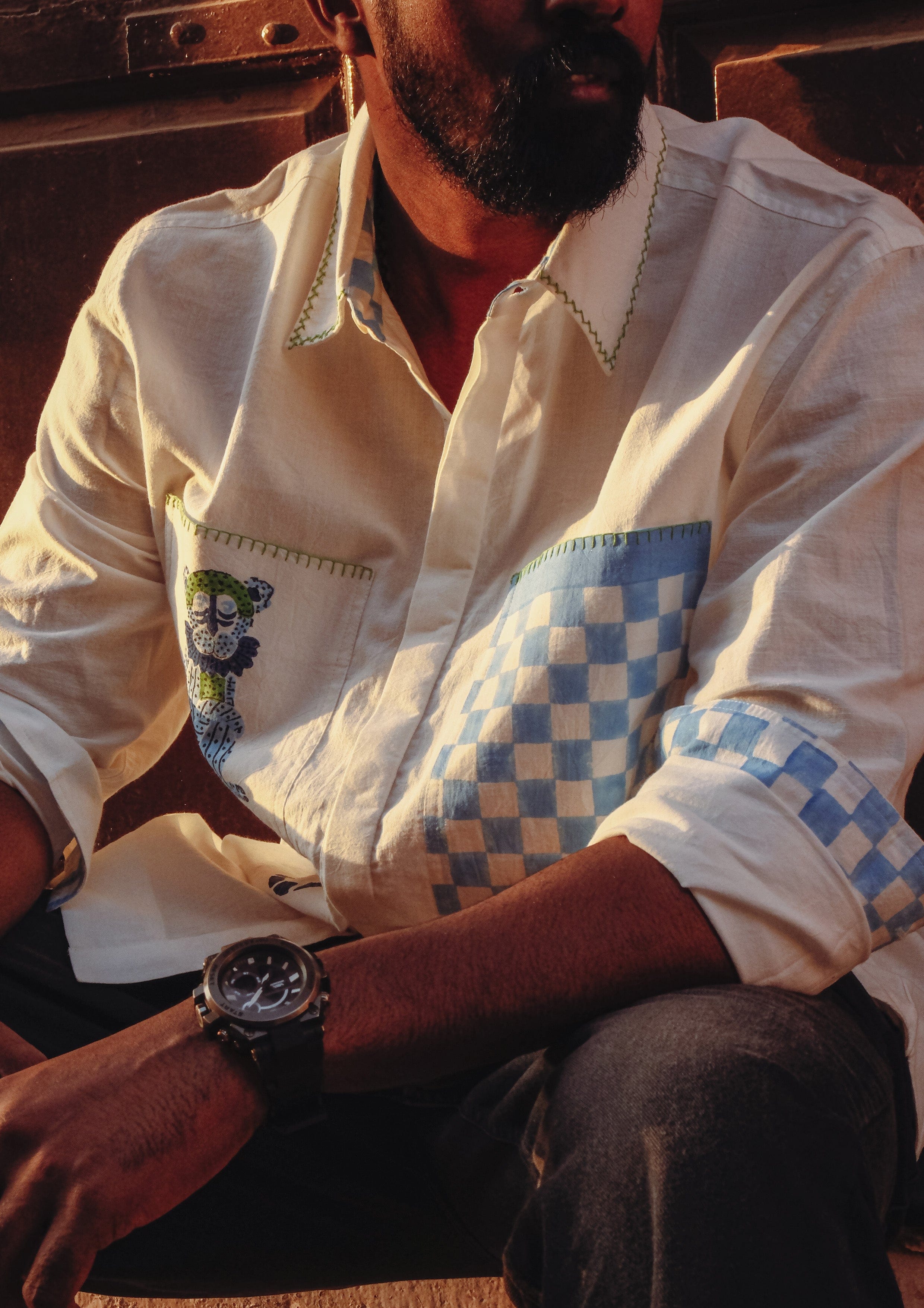 Sawai shacket shirt by The Raw India with jodhpur monkey block print, showcasing traditional Indian textile design and craftsmanship.