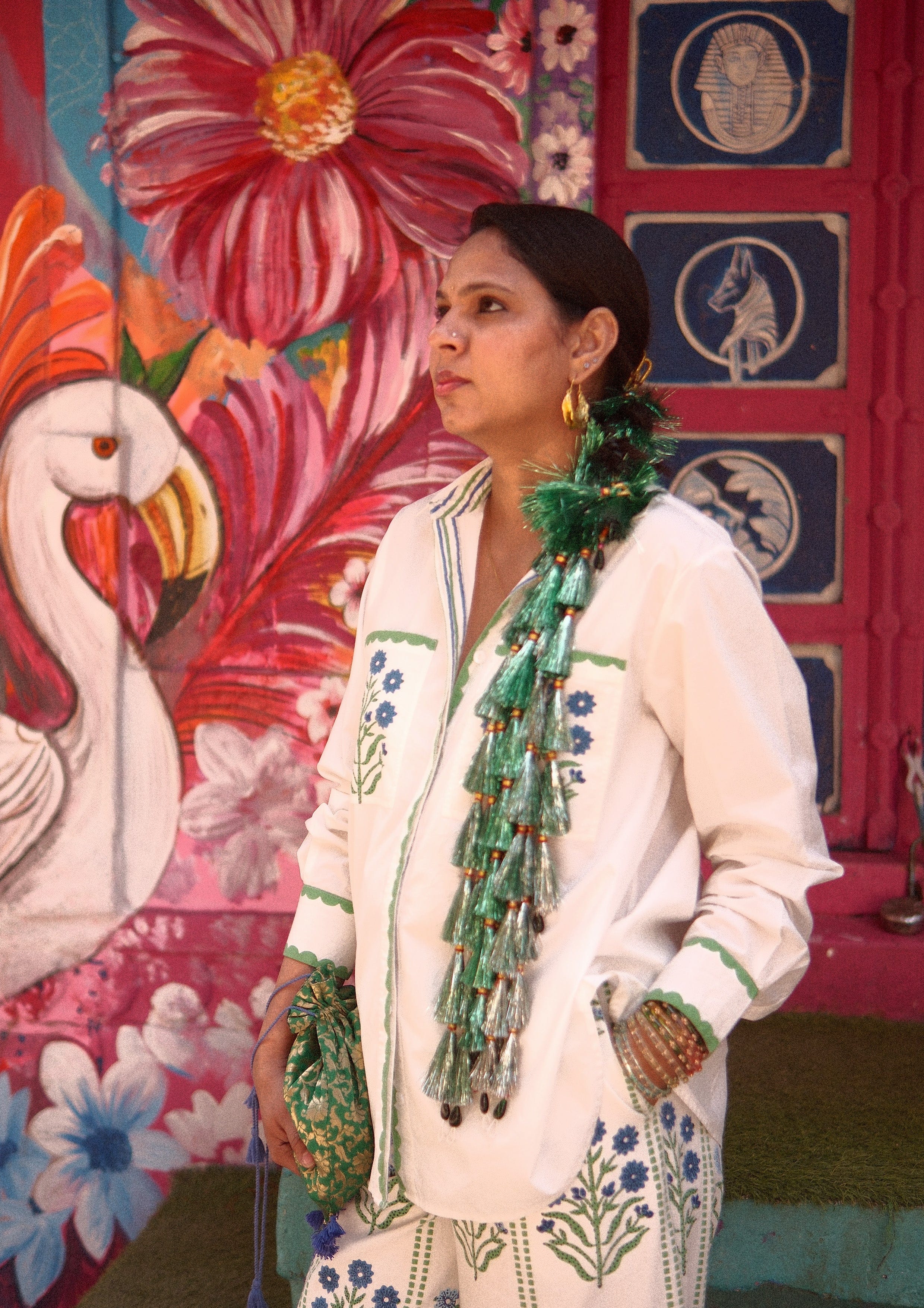 The Raw India Umaid shirt in jodhpur buta print, featuring traditional patterned fabric with a classic collar and button closure.