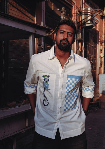 Sawai shacket shirt by The Raw India featuring jodhpur monkey block print with traditional Indian textile design.