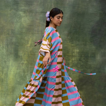 Doodlage Edith striped dress featuring a fitted silhouette, with colorful horizontal stripes and short sleeves.