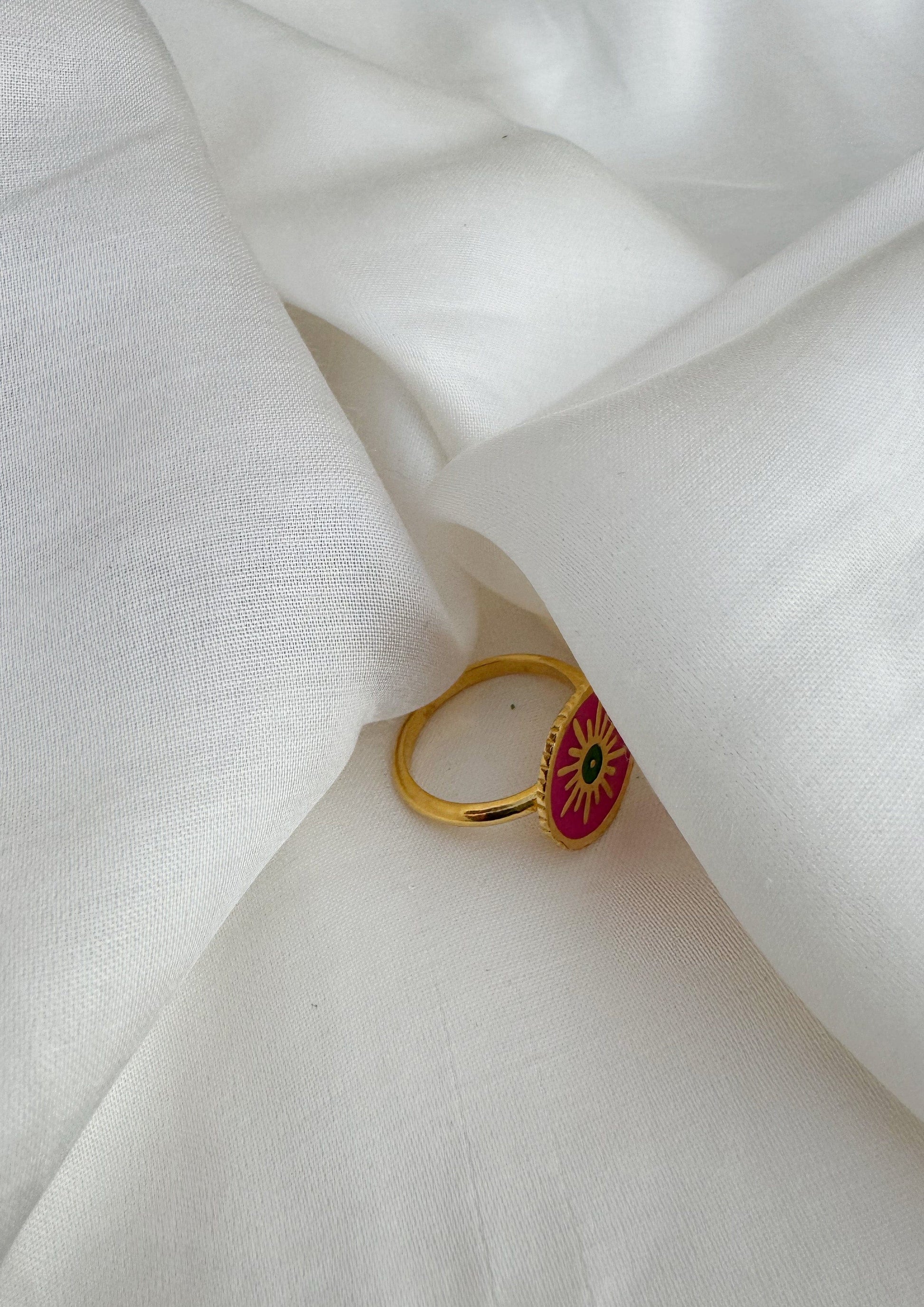 Sun meenakari ring from The Raw India jewelry, featuring intricate colorful enamel work and traditional design.