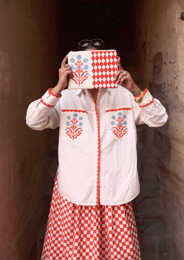 The Raw India Jaigarh shirt featuring Sambhar Buta pattern, made from cotton fabric, showcasing traditional Indian textile design.