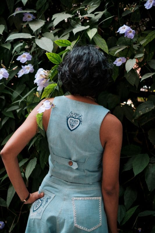 JODI handloom denim koti waistcoat with traditional design, showcasing detailed stitching and classic denim fabric.