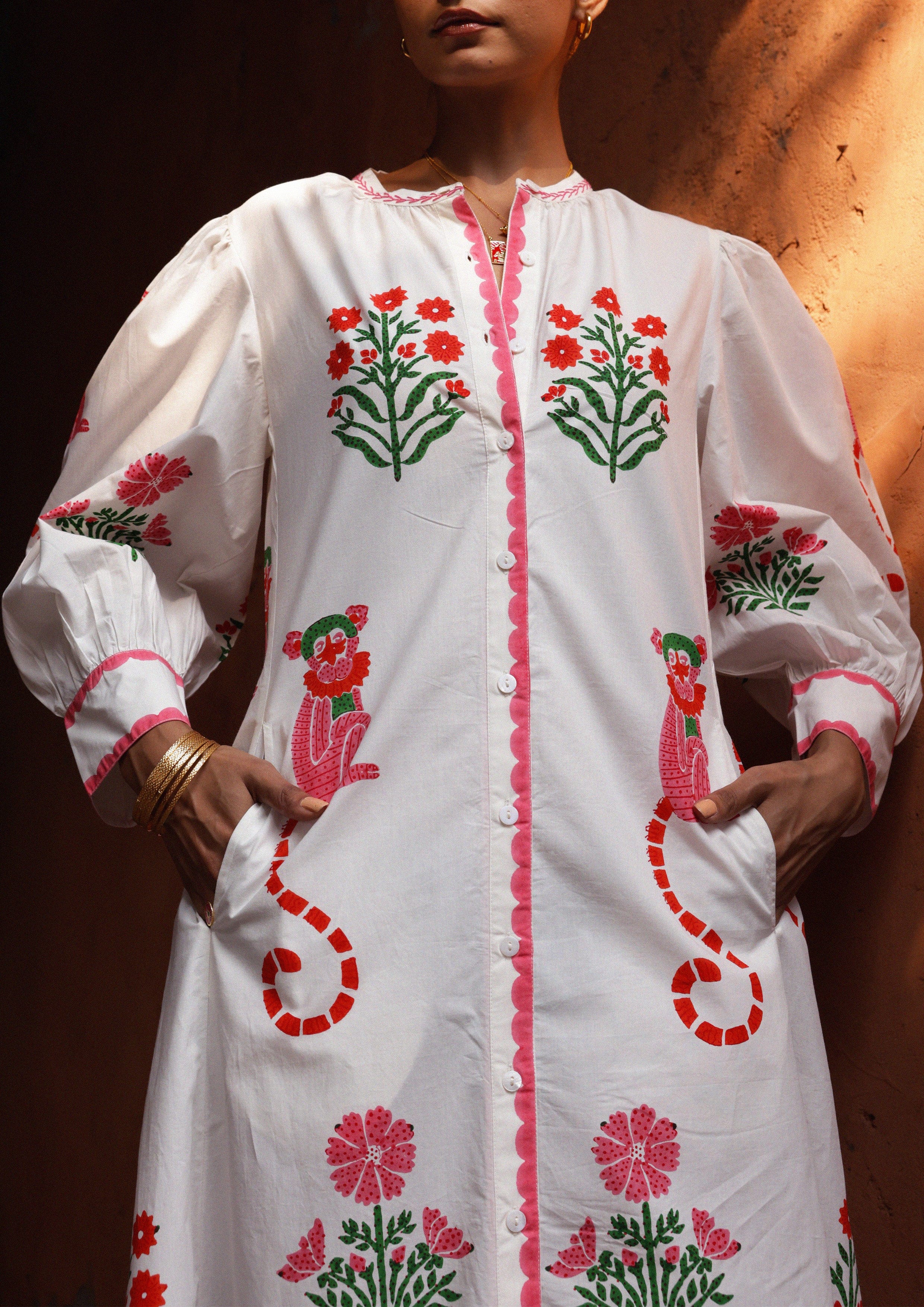 The Raw India Chaupad shirt dress with a mixed print, featuring a relaxed fit and button-front design.