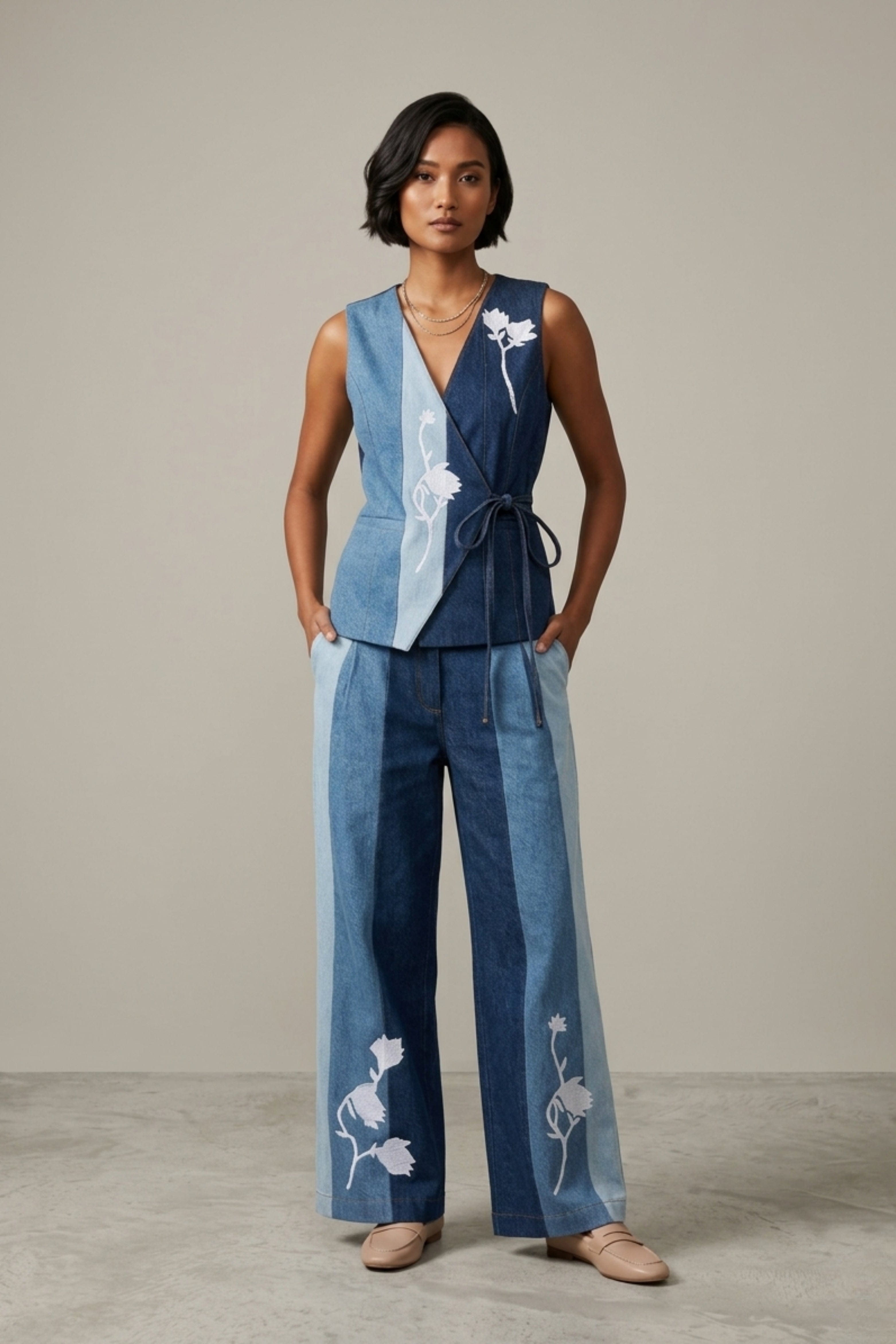 Doodlage Sylvia denim panelled waistcoat, stylish casual jacket with mixed denim panels and a fitted silhouette.