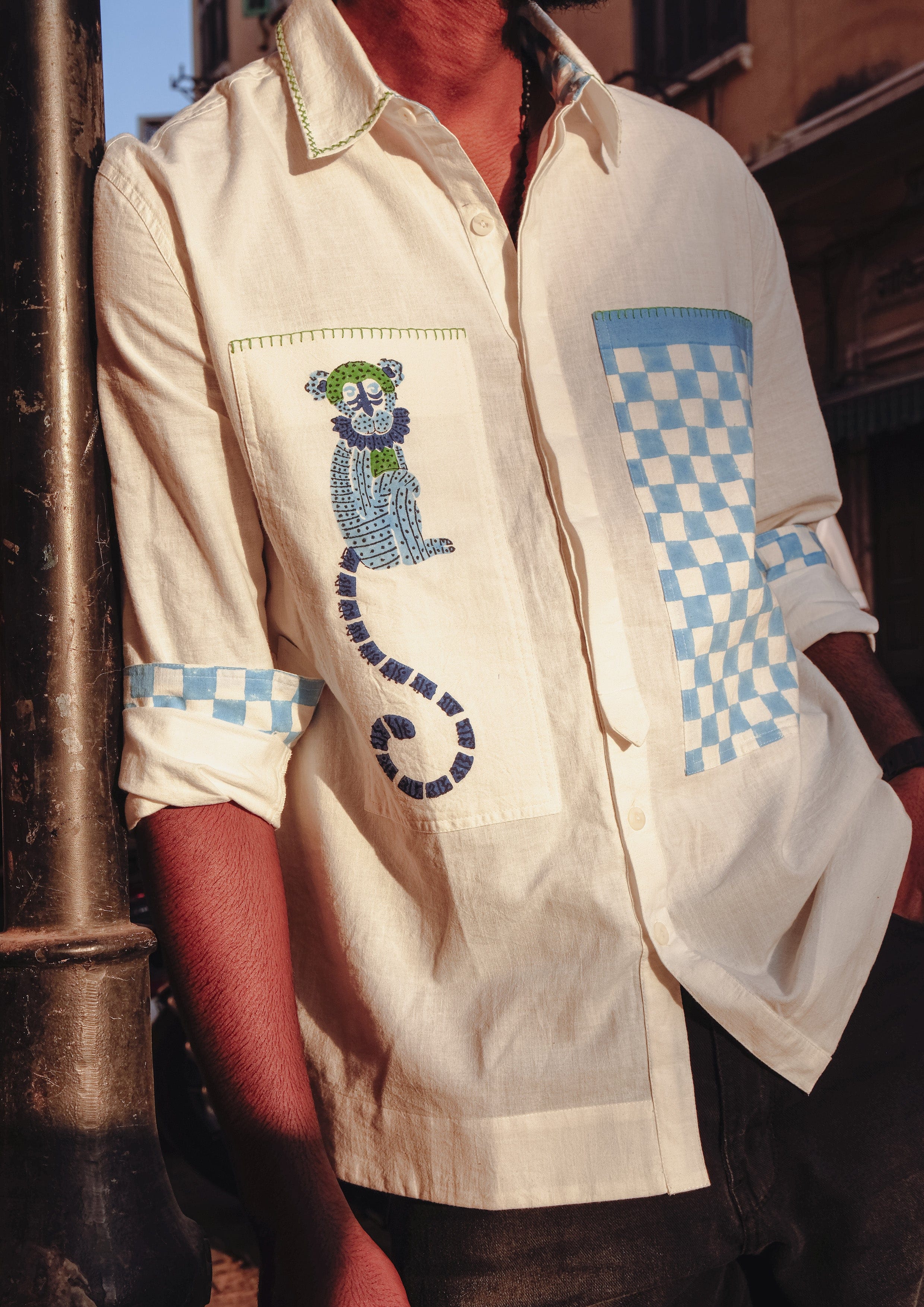 Sawai shacket shirt with jodhpur monkey block print by The Raw India, featuring intricate traditional textile patterns and casual style.