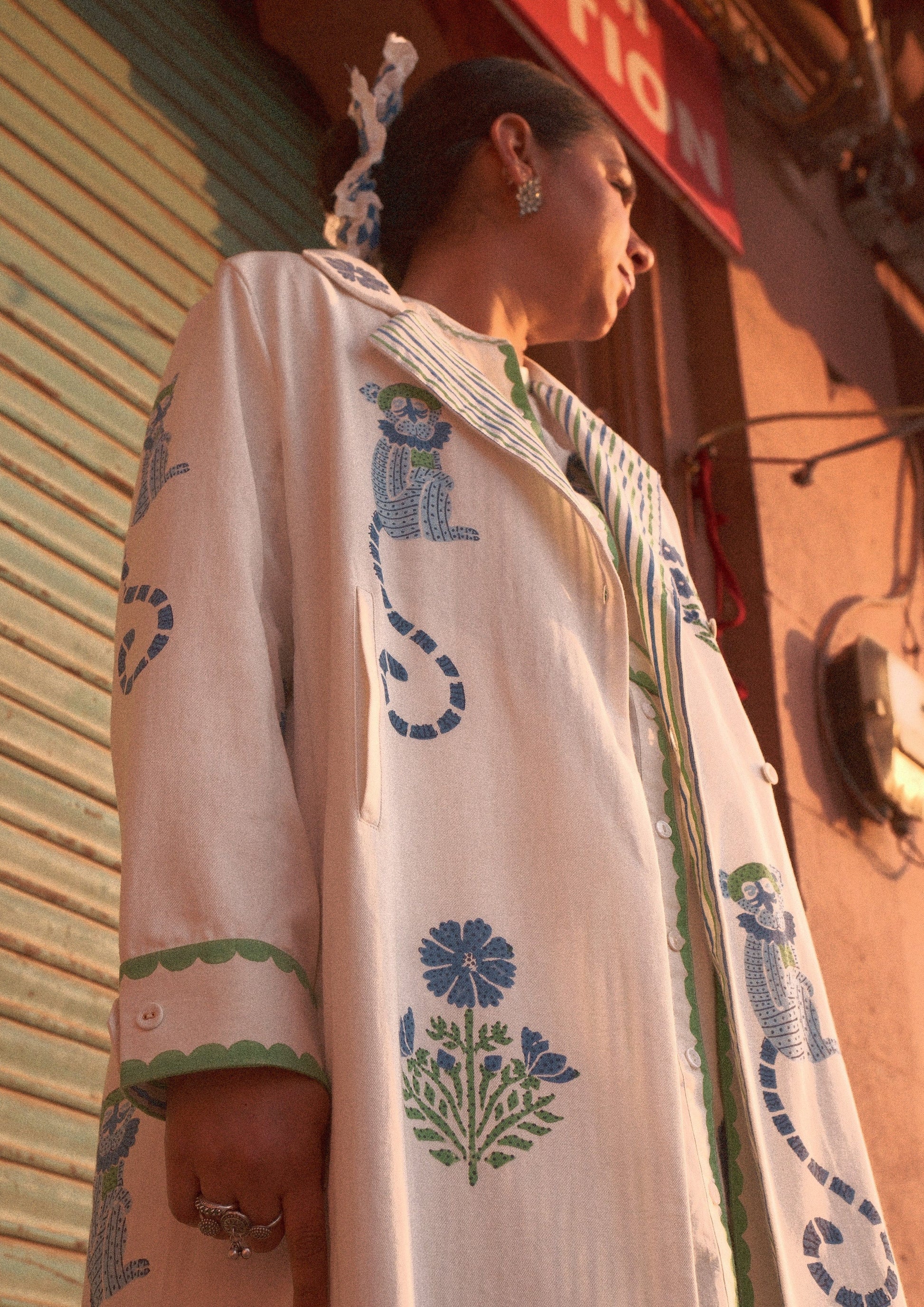 The Raw India Palace coat jodhpur mix print jacket with traditional and modern design elements, shown in a close-up view.