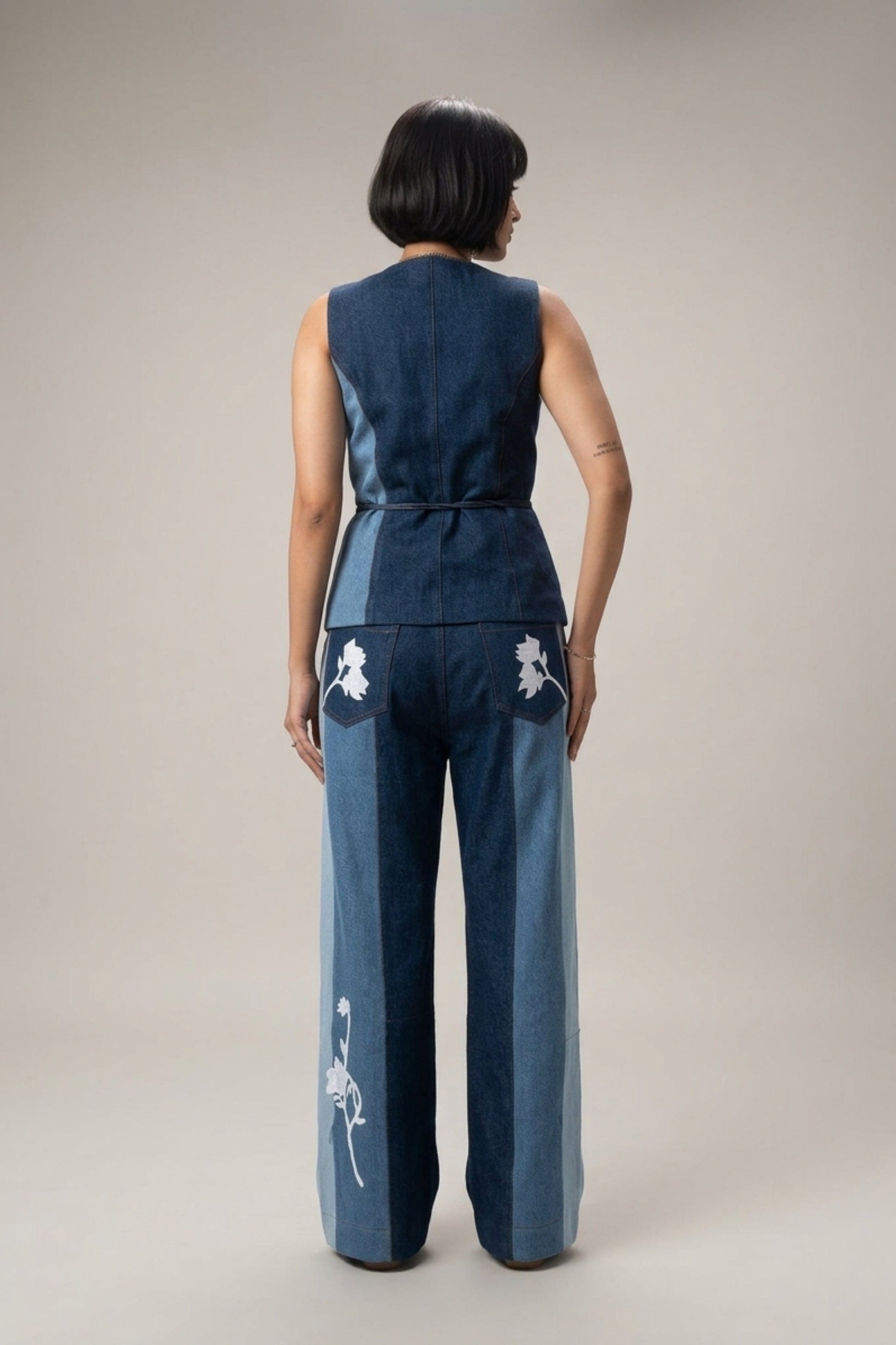 Doodlage Sylvia denim panelled waistcoat, stylish jacket with mixed denim panels, front buttons, and a fitted silhouette.