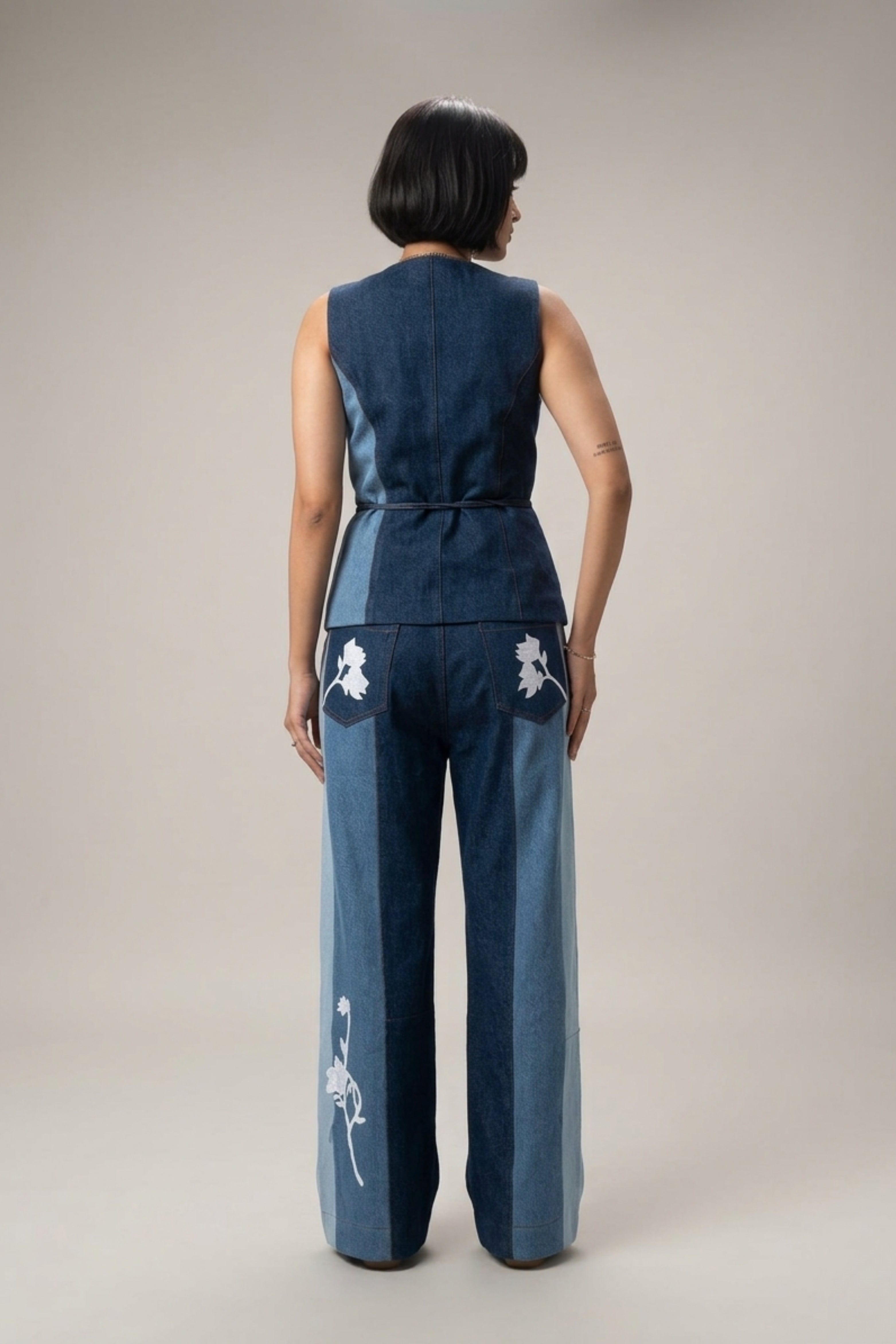 Doodlage Sylvia denim panelled waistcoat, stylish jacket with mixed denim panels, front buttons, and a fitted silhouette.