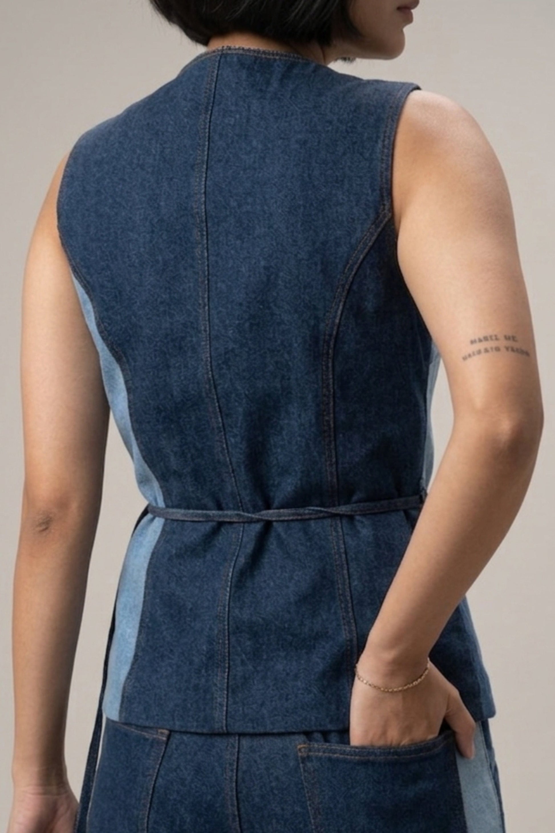 Doodlage Sylvia denim panelled waistcoat, casual jacket with multi-tone denim panels, front pockets, and button closure.
