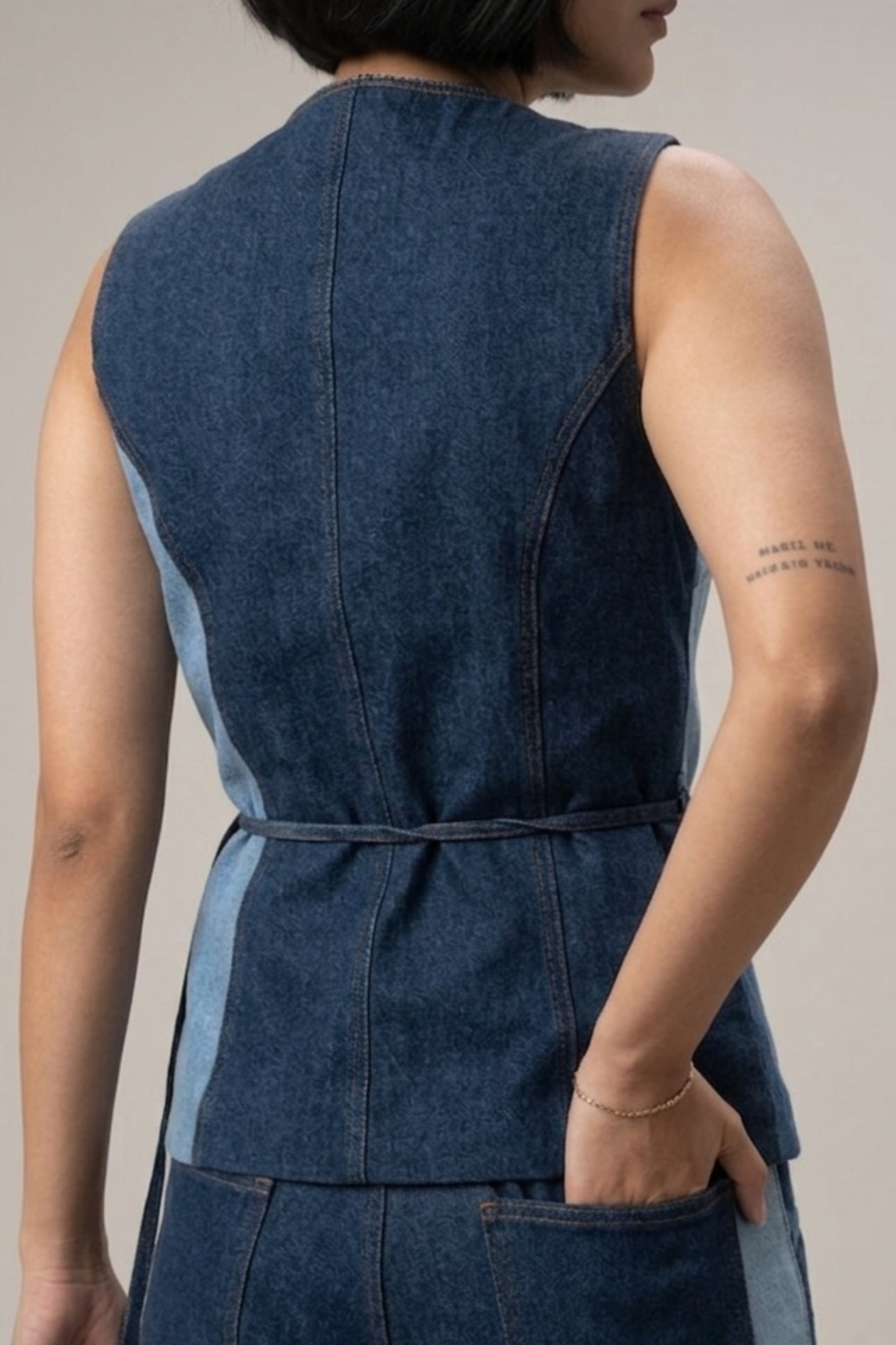 Doodlage Sylvia denim panelled waistcoat, casual jacket with multi-tone denim panels, front pockets, and button closure.
