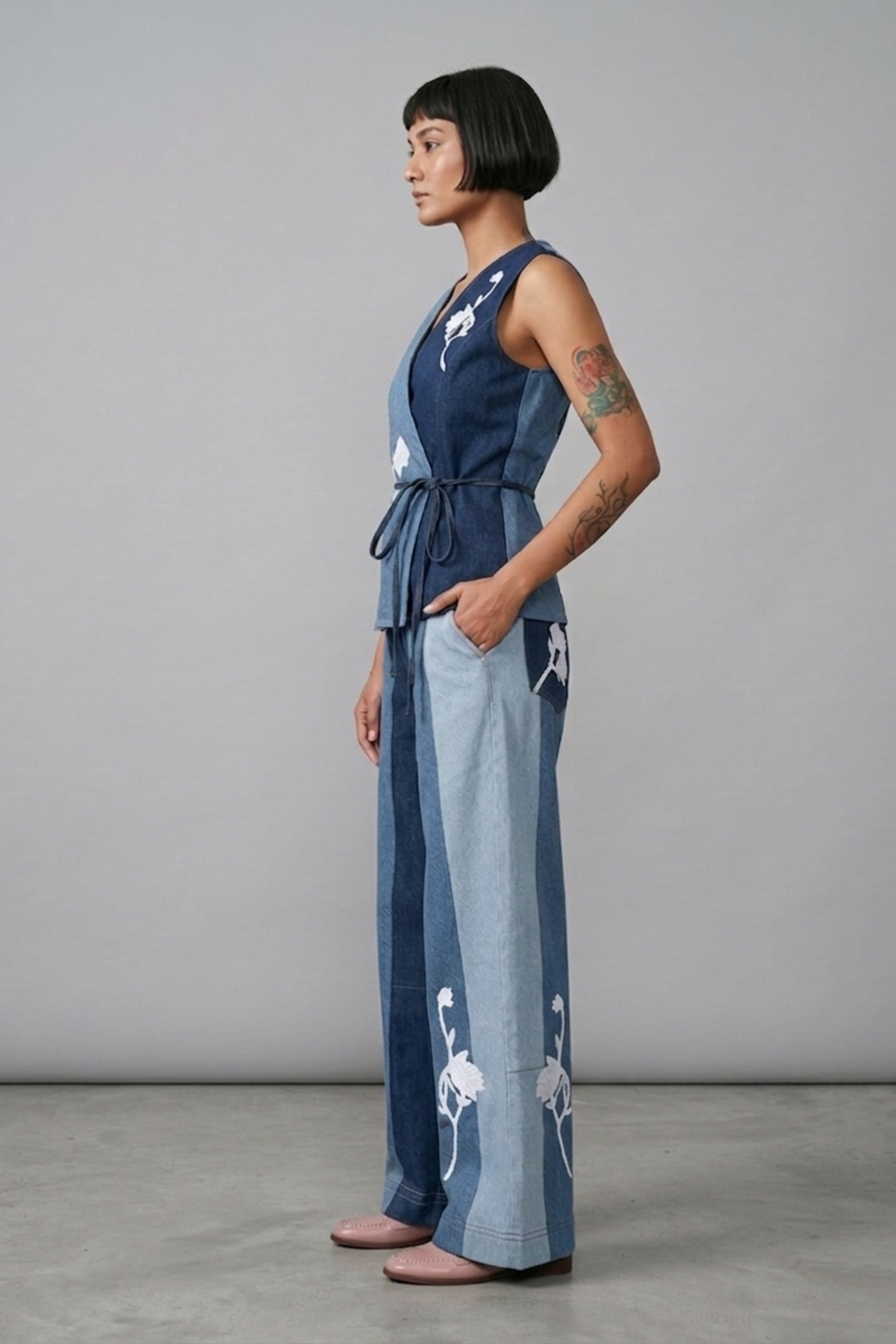 Doodlage Sylvia denim panelled waistcoat, stylish jacket with mixed denim panels, casual and trendy fashion piece.