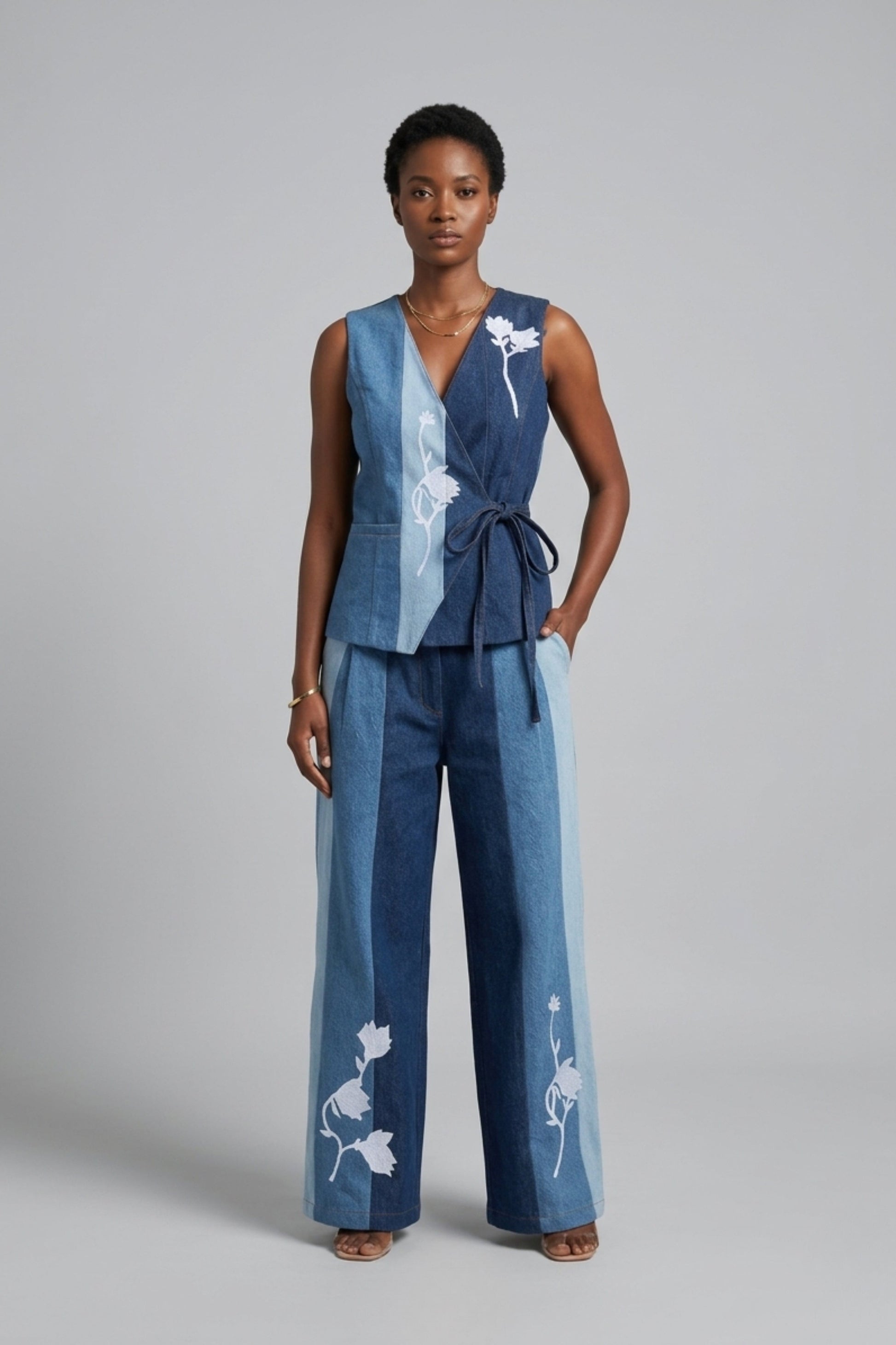 Doodlage Sylvia denim panelled waistcoat showing a sleeveless design with mixed denim panels and a front button closure.