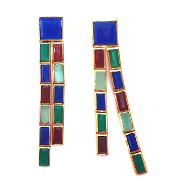 Bombaybirds Adela chandeliers earrings with blue gemstone accents, intricate metalwork, and elegant dangle design.
