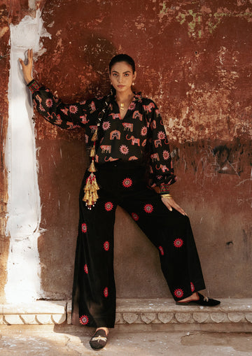 The Raw India Amer pants with sun embroidery featuring stylish, casual bottoms made of comfortable fabric.