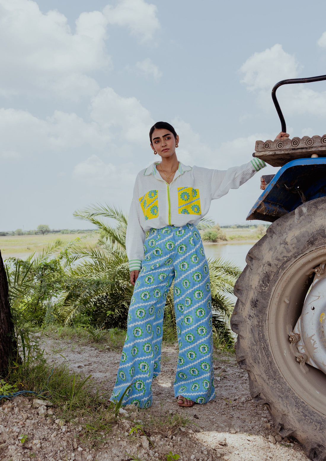 The Raw India Amer Pants with Mango Block Print, stylish bottoms featuring vibrant traditional fabric and relaxed fit.