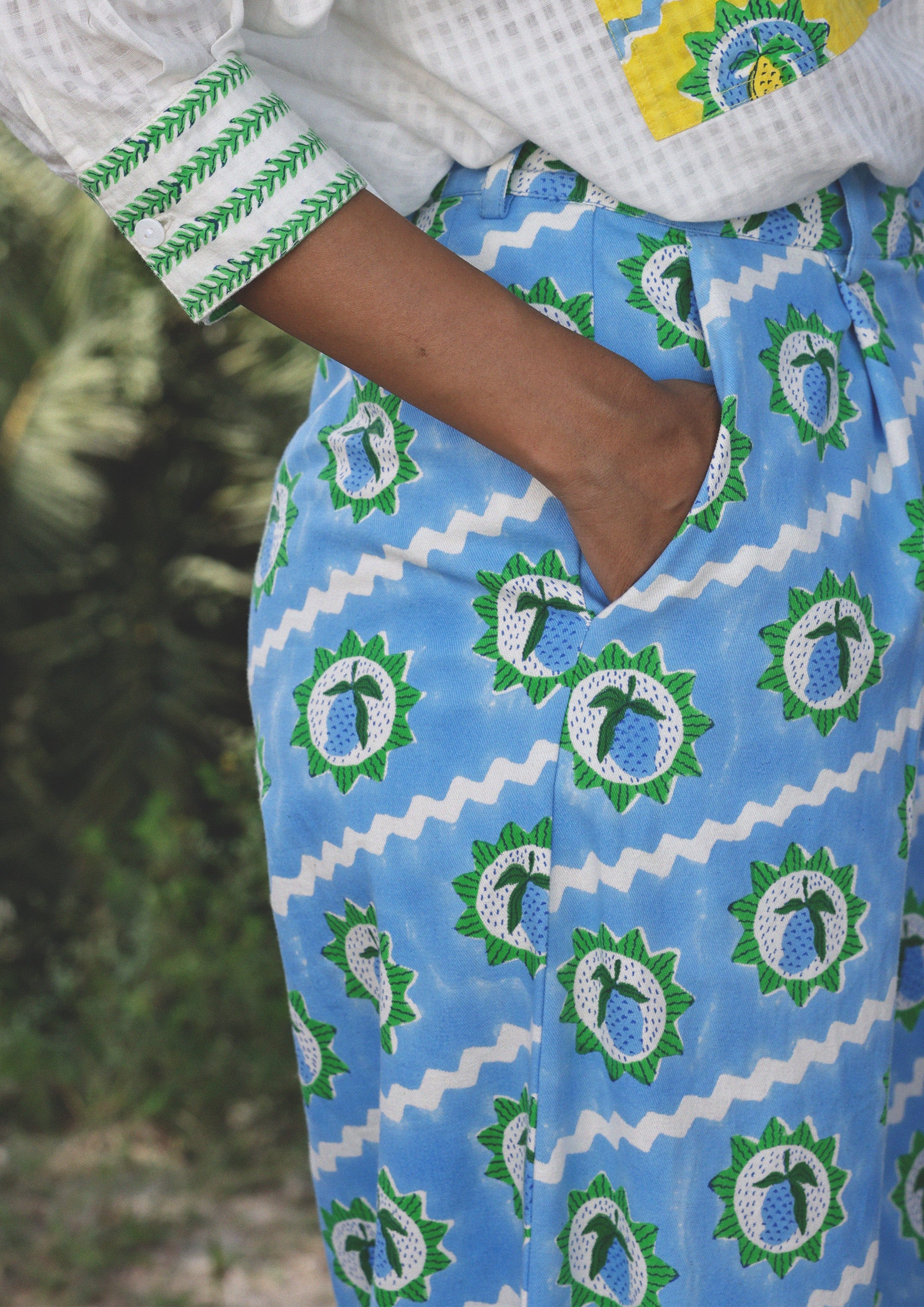 The Raw India Amer Pants with Mango Block Print, stylish bottoms featuring vibrant traditional textile design and comfortable fit.