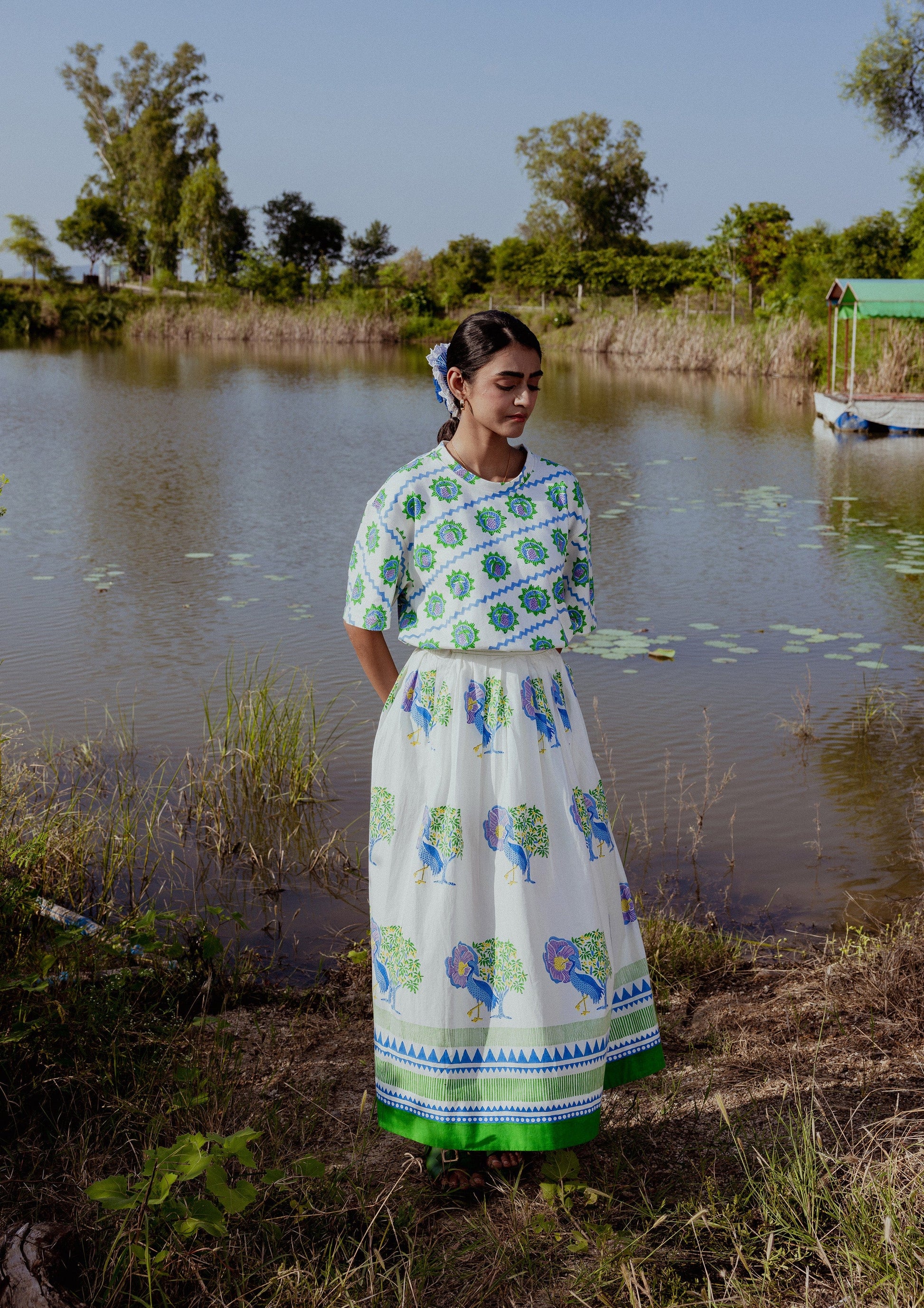 Blue Bawari Skirt with Saras Crane pattern from The Raw India, featuring traditional design and flowing fabric.