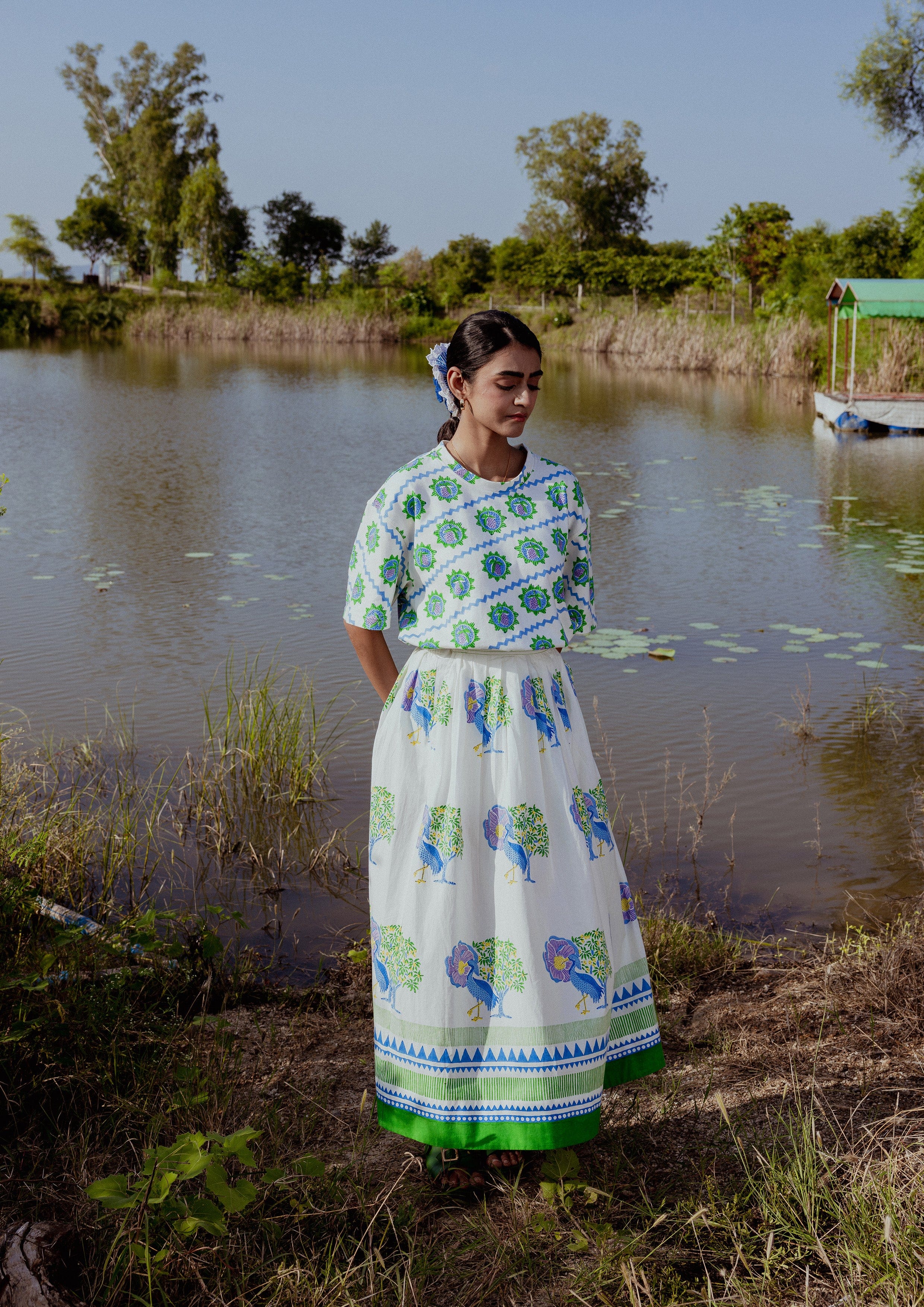 Blue Bawari Skirt with Saras Crane pattern from The Raw India, featuring traditional design and flowing fabric.