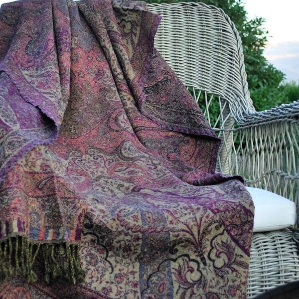 Bordeaux and beige wool throw blanket from Bombaybirds, cozy living room decor with soft, woven fabric and stylish color combination.