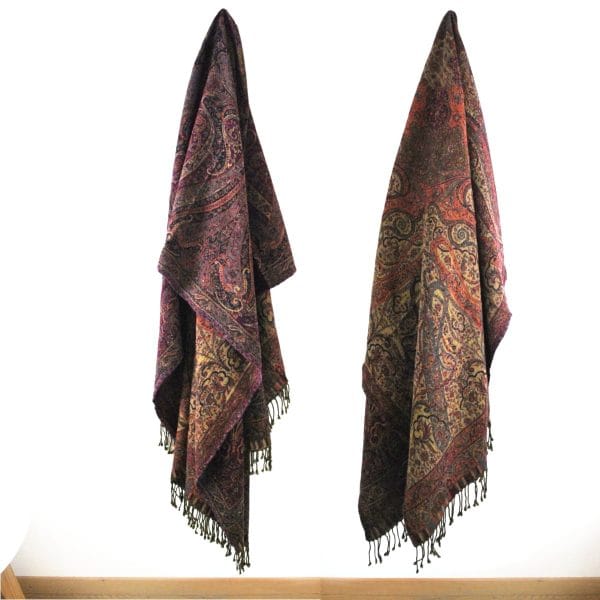 Bordeaux and beige wool throw blanket from Bombaybirds, cozy living room decor with soft, textured fabric.