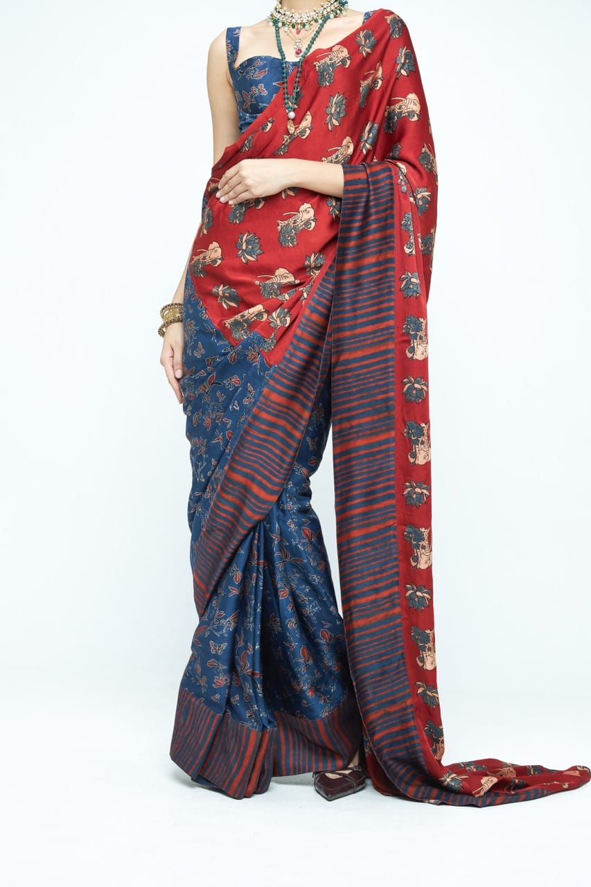 Elegant Eden saree by Anushe Pirani featuring intricate embroidery and flowing fabric, displayed in detail.