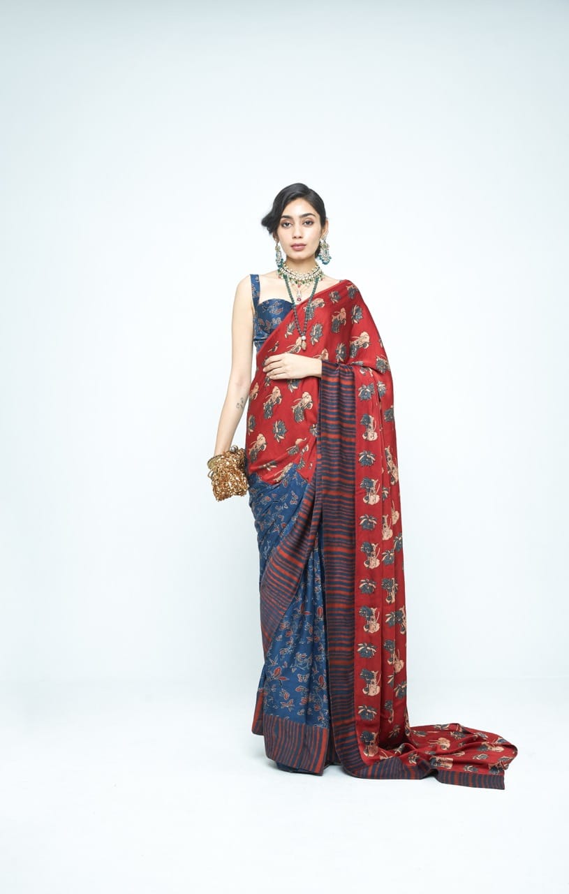 Pre-stitched Eden saree by Anushe Pirani featuring intricate embroidery and elegant drape in rich fabric.