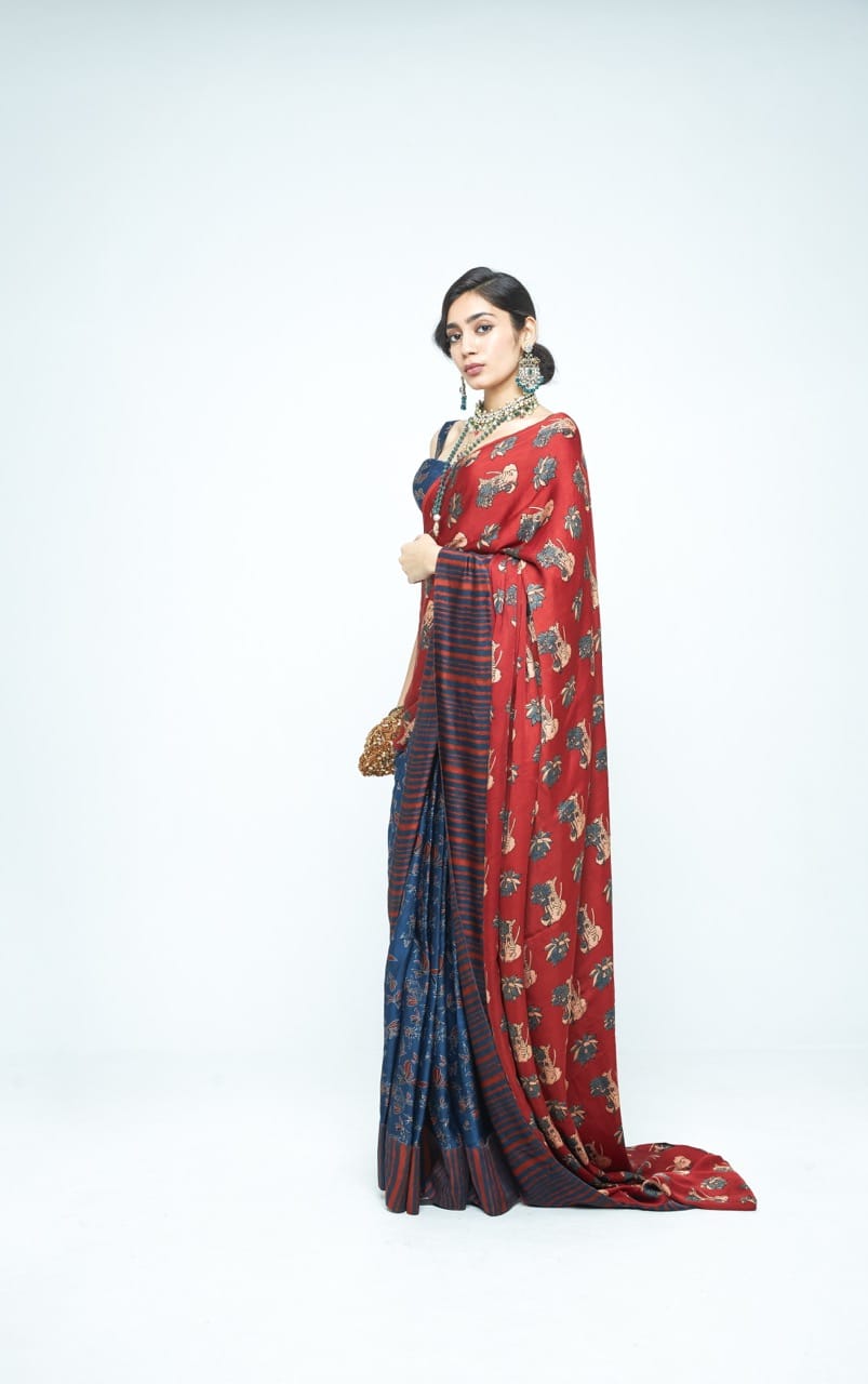 Pre-stitched Eden saree by Anushe Pirani featuring intricate embroidery and elegant drape, shown from the side angle.