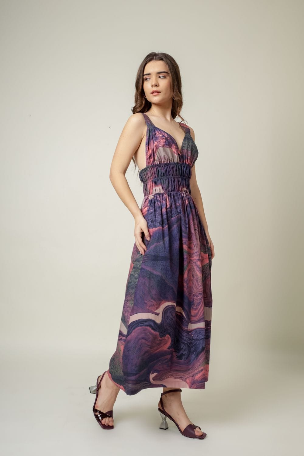 Doodlage August printed dress with colorful floral pattern, short sleeves, and knee-length design, perfect for casual wear.