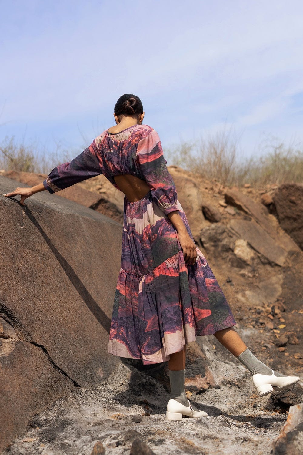 Amino printed dress by Doodlage featuring colorful abstract patterns, long sleeves, and a relaxed fit.