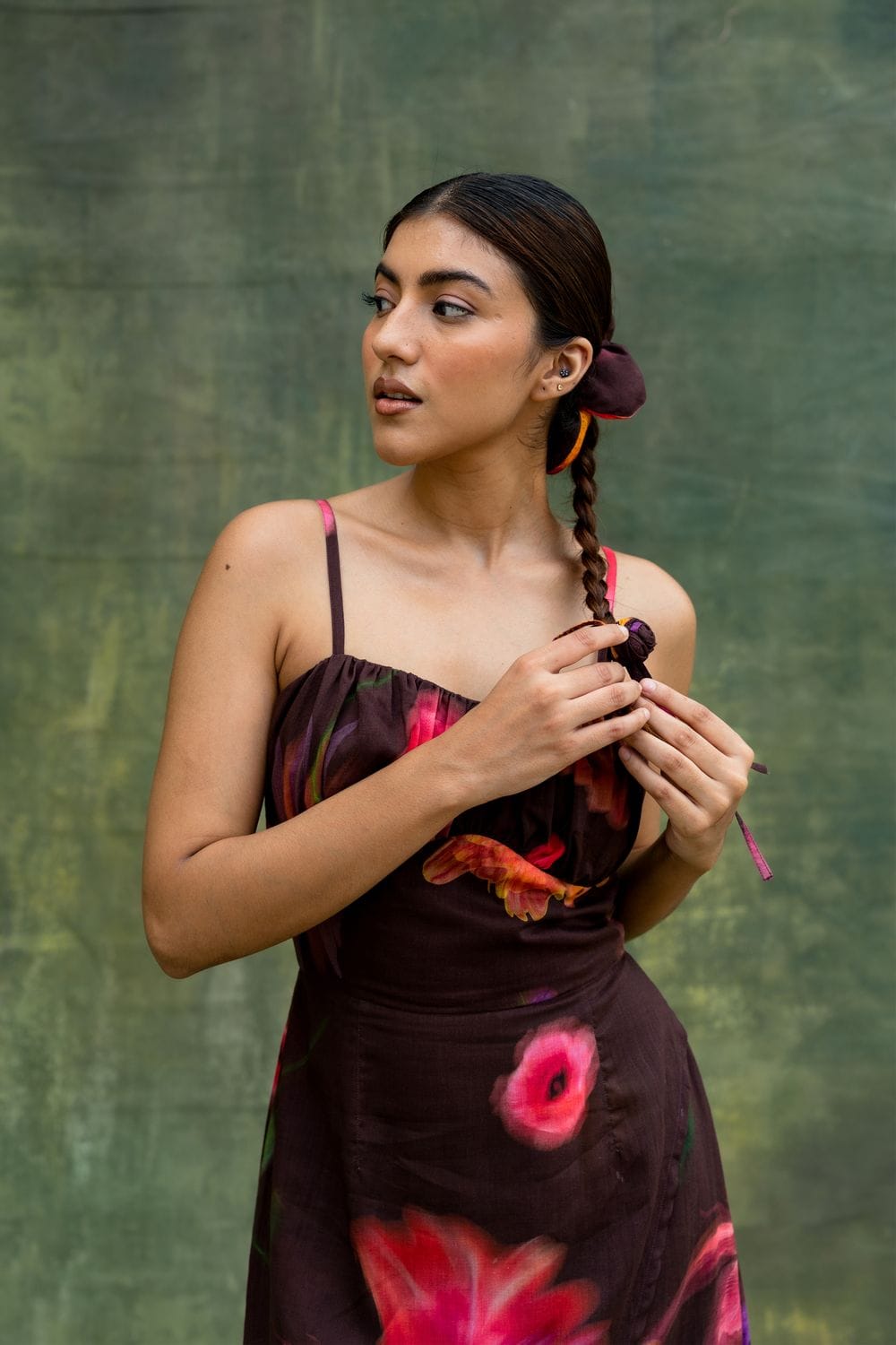 Doodlage Lucie printed dress with floral pattern, lightweight fabric, and knee-length design displayed on a hanger.