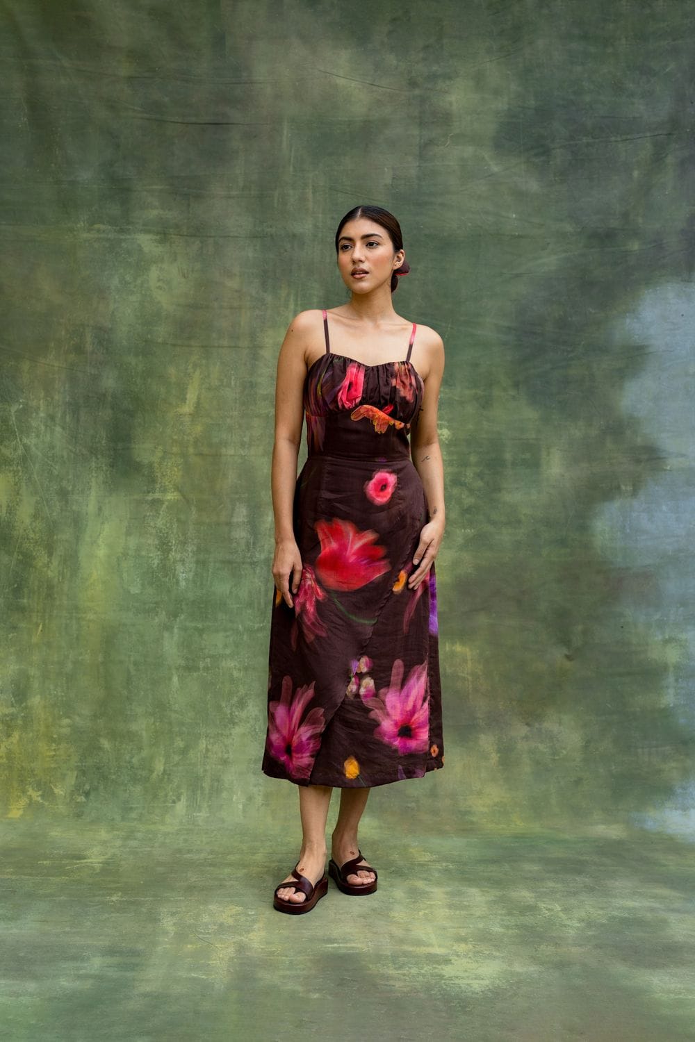Doodlage Lucie printed dress with vibrant floral pattern, knee-length, lightweight fabric, and short sleeves on model.
