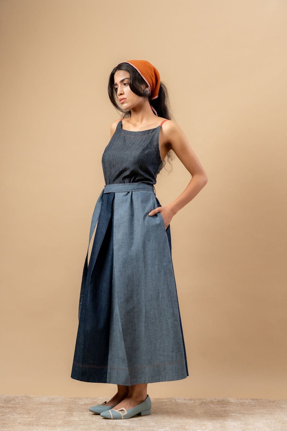 Louisa upcycled denim dress by Doodlage featuring a fitted silhouette, front button closure, and stylish collar detail.