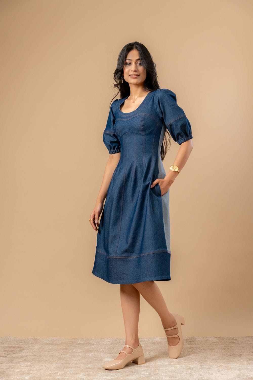 Upcycled denim dress by Doodlage featuring a casual fit, front pockets, and a stylish, eco-friendly design.