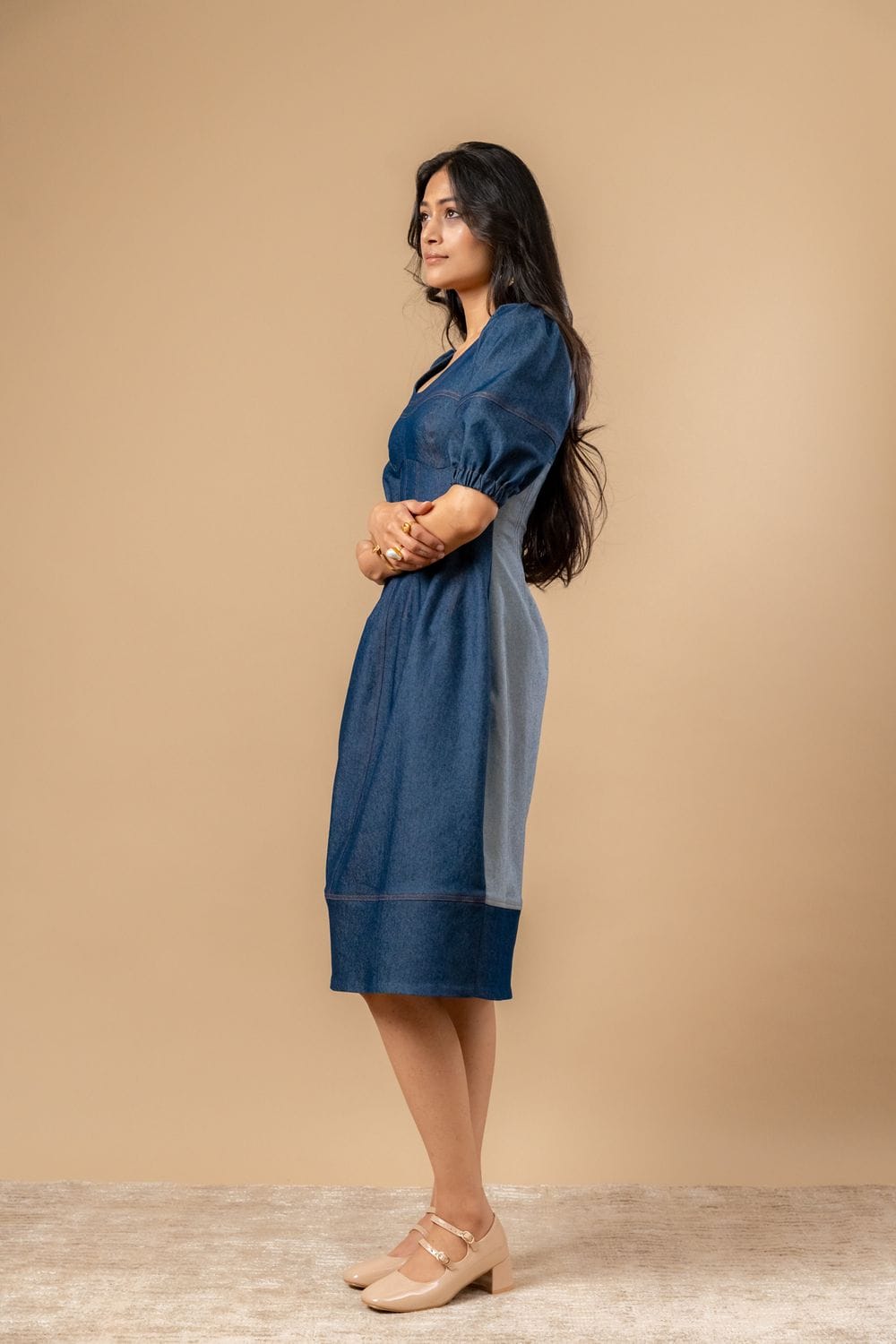 Doodlage Isabelle upcycled denim dress featuring a casual fit, long sleeves, and patchwork design on a white background.