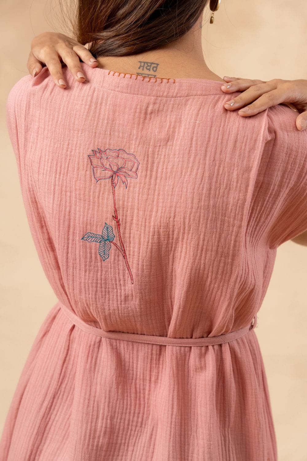Doodlage Erna organic cotton dress with waist belt, lightweight and comfortable, featuring a relaxed fit and natural fabric texture.