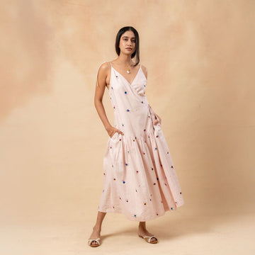 Doodlage crayon wrap dress in vibrant multicolor fabric, featuring a flattering fit and knee-length design.