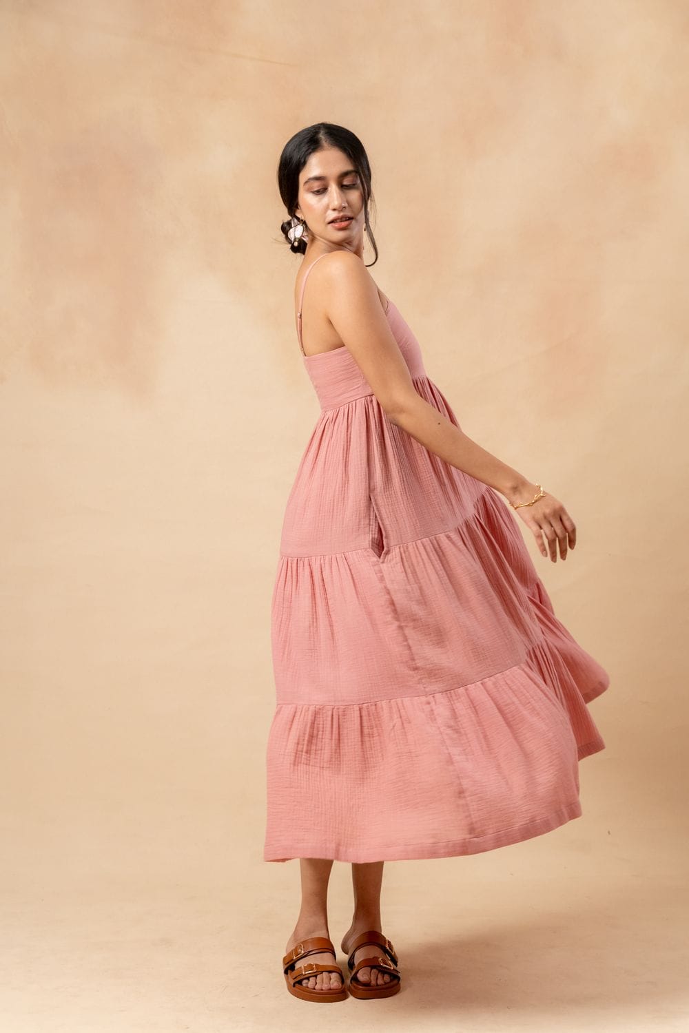 Doodlage Cloudberry Kiss Dress, flowy and floral with soft fabric, featuring a round neckline and long sleeves.