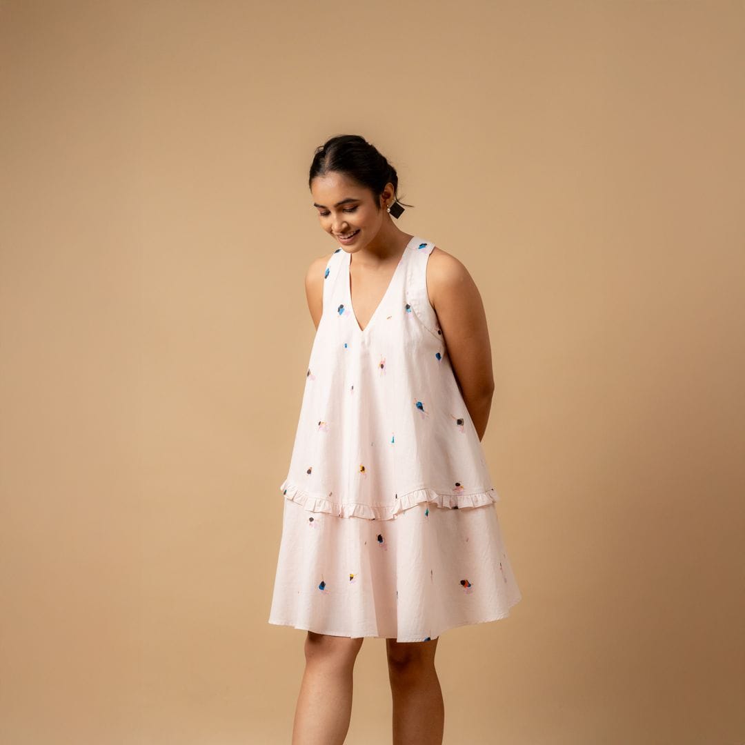 Doodlage Daisy Daze printed dress with floral pattern, lightweight fabric, and casual fit, displayed on a hanger.