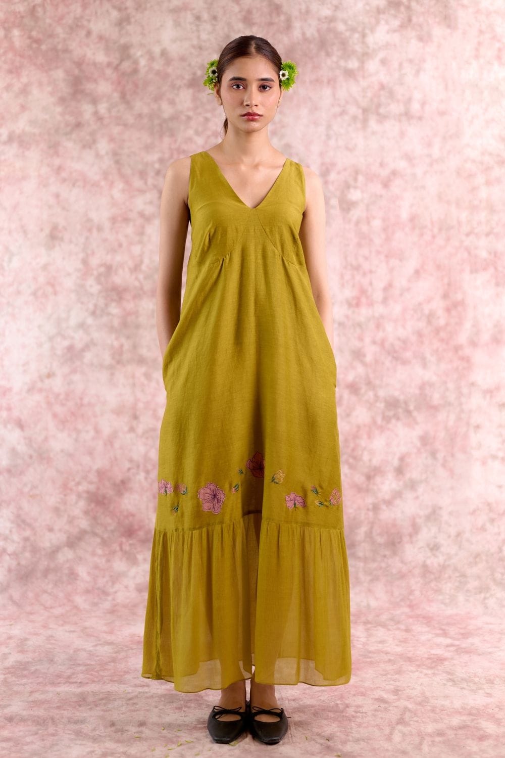 Doodlage Iris embroidered dress with intricate floral embroidery, sleeveless design, and knee-length fit, perfect for casual or semi-formal wear.