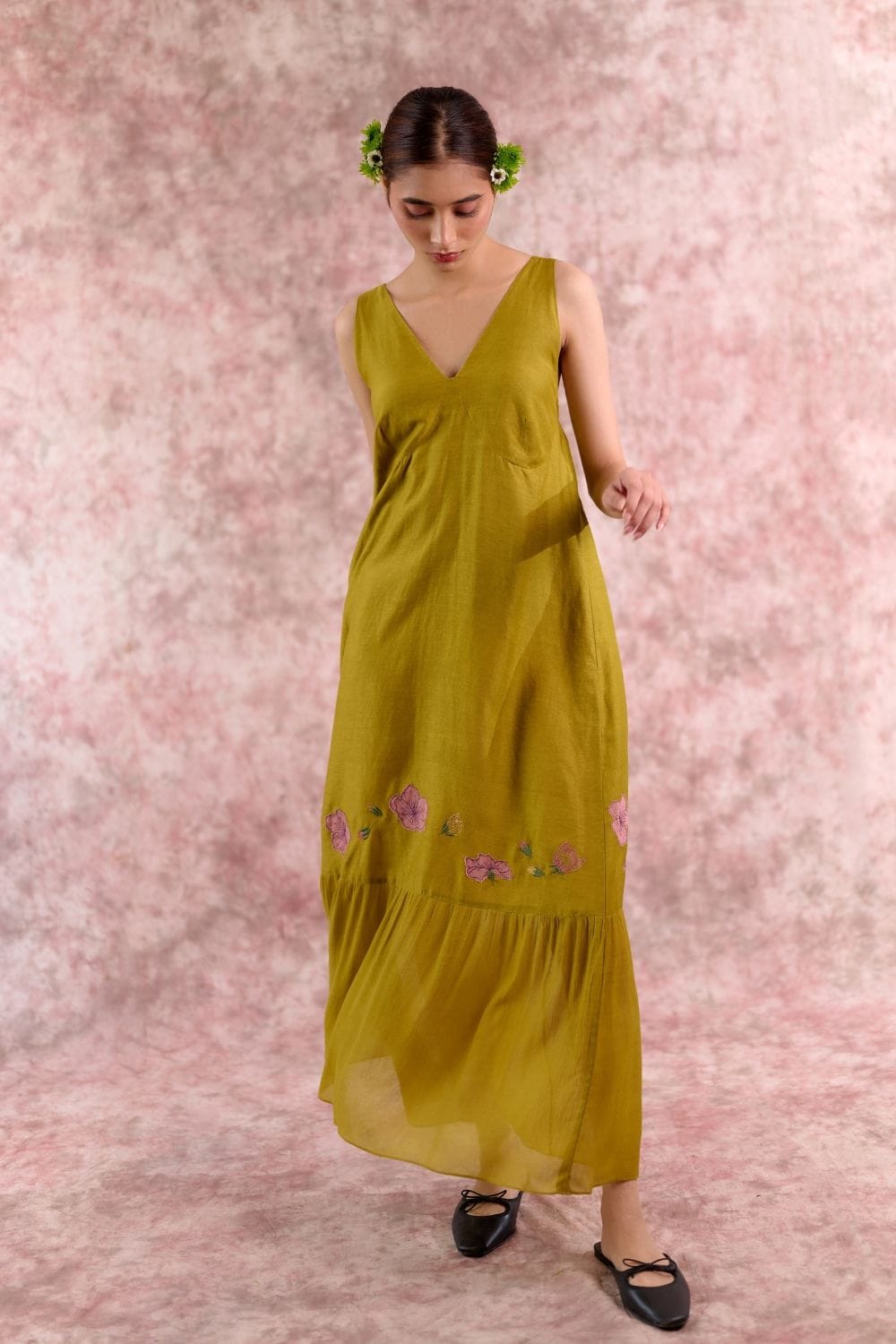 Doodlage Iris embroidered dress featuring colorful floral embroidery on lightweight fabric, shown on a hanger.