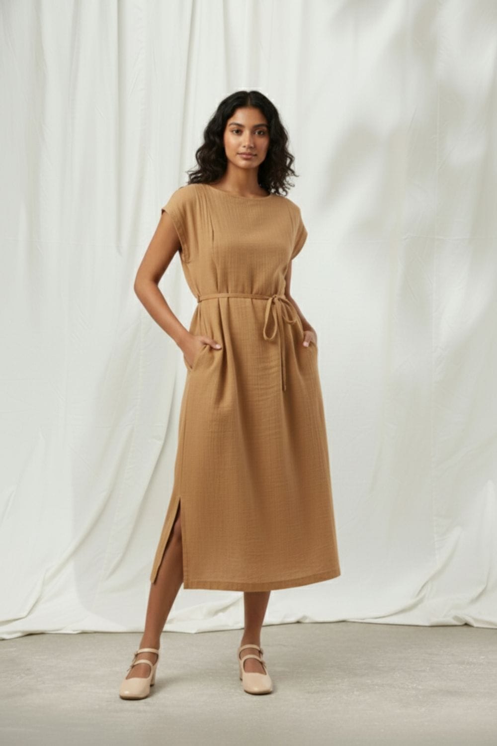 Beige Erna dress by Doodlage featuring a relaxed fit, soft fabric, and minimalist design displayed on a hanger.