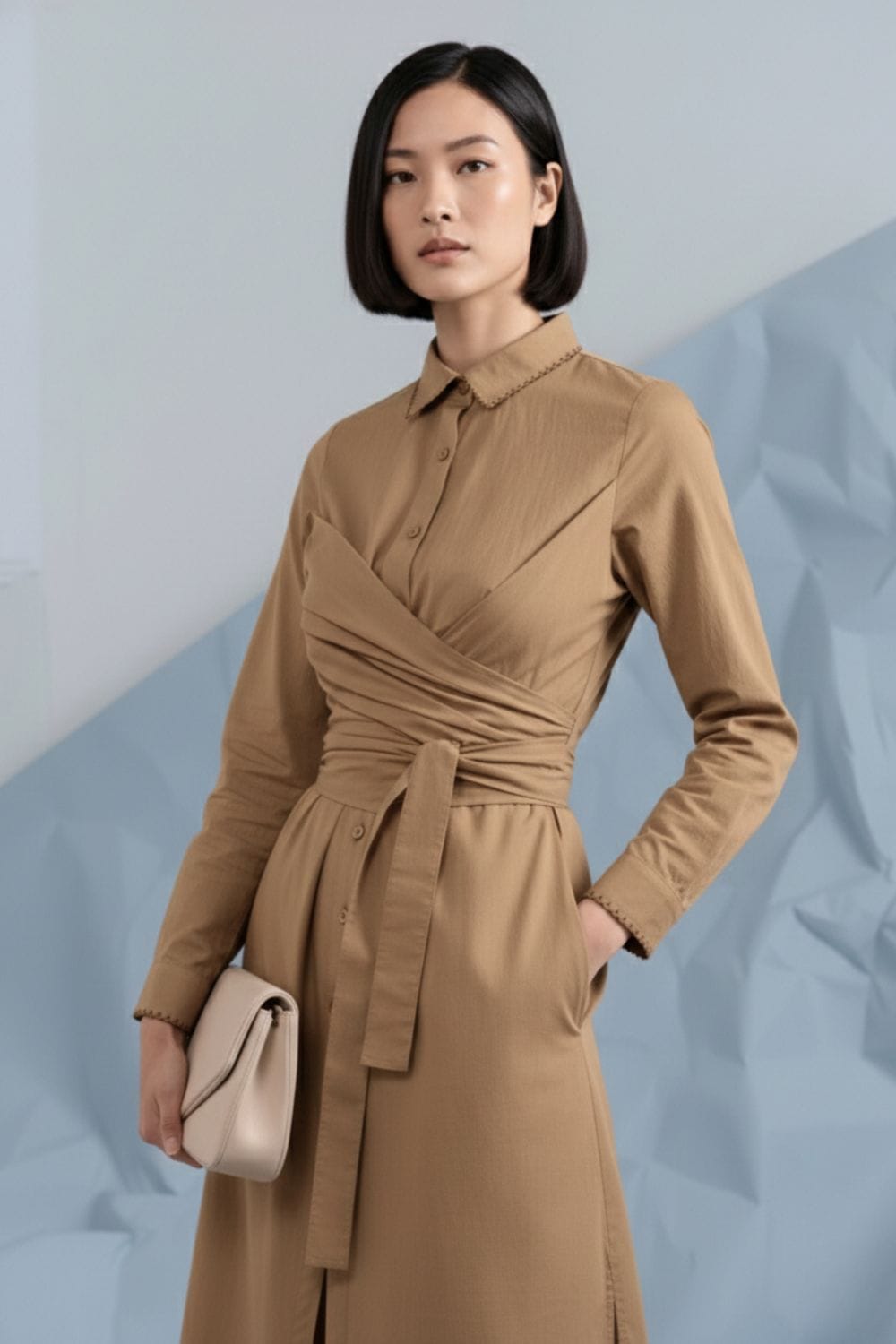 Doodlage Thea beige shirt dress with long sleeves and button details, displayed on a hanger against a neutral background.